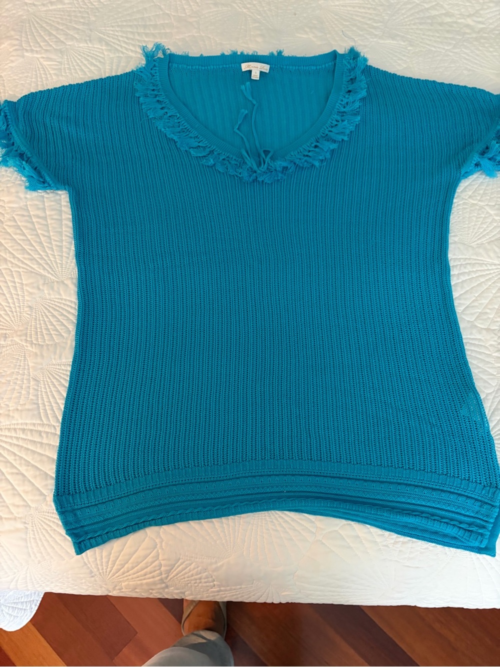 Bright Teal Short-Sleeve Knit Top with Fringe Trim